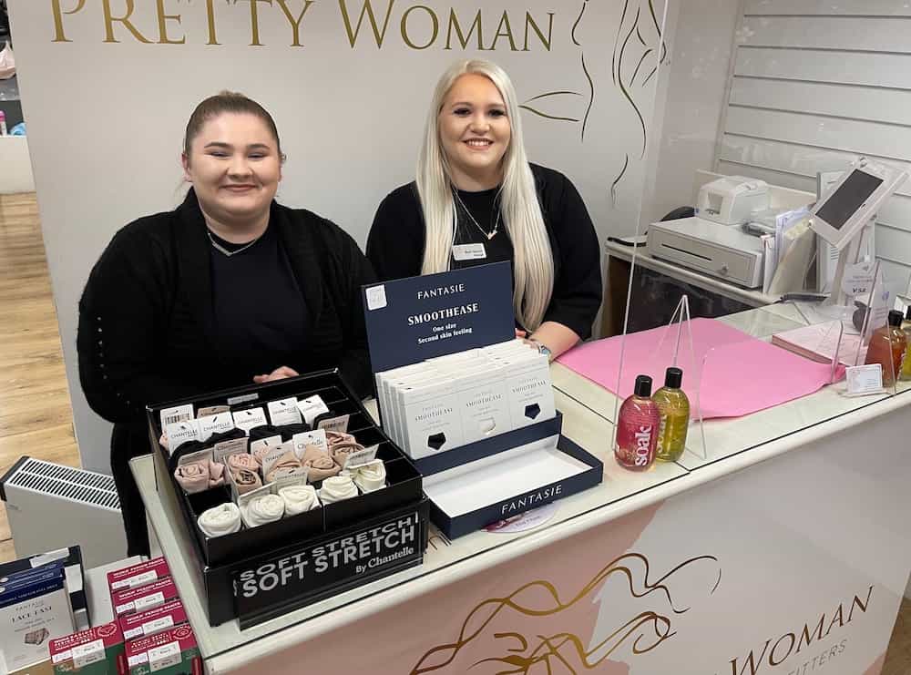 Beth & Chloe behind the counter in Pretty Woman Bra's, Cleethorpes